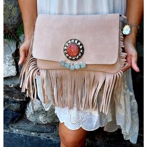 Tan Fringed  BOHO Clutch with Medallion Accent